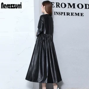 Long Pleated Faux Leather Dress – Women’s Maxi Leather Dress