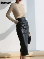 Nerazzurri Women’s High-Waisted PU Leather Midi Skirt with Side Slit