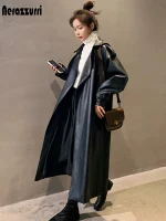 Nerazzurri Women's Oversized Black Waterproof Leather Trench Coat – Long Sleeve, Loose Fit, Korean Fashion