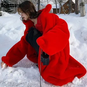 Oversized Red Faux Fur Coat – Women’s Thick Warm Winter Jacket