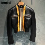 Nerazzurri Women’s Spring Patchwork Faux Leather Crop Jacket – Long Sleeve, Zipper Front