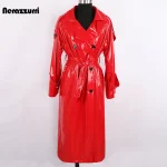 Nerazzurri Red Reflective Patent Leather Trench Coat (Women, Plus Size)