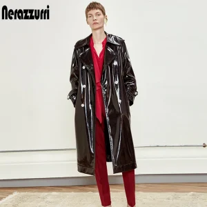 Nerazzurri Oversized Black Patent Trench Coat – Waterproof & Iridescent