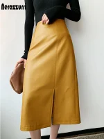 Nerazzurri Women’s High-Waisted Midi Leather Skirt – Yellow & Black, Zipper Closure