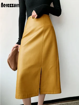 Nerazzurri Women’s High-Waisted Midi Leather Skirt – Yellow & Black, Zipper Closure
