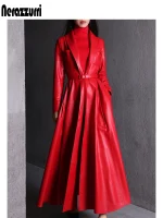 Nerazzurri Red & Black Maxi PU Leather Trench Coat – Plus Size Elegance