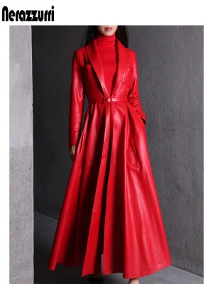 Nerazzurri Red & Black Maxi PU Leather Trench Coat – Plus Size Elegance