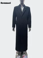 Nerazzurri Men’s Extra Long Black Wool Blend Overcoat – Single Breasted