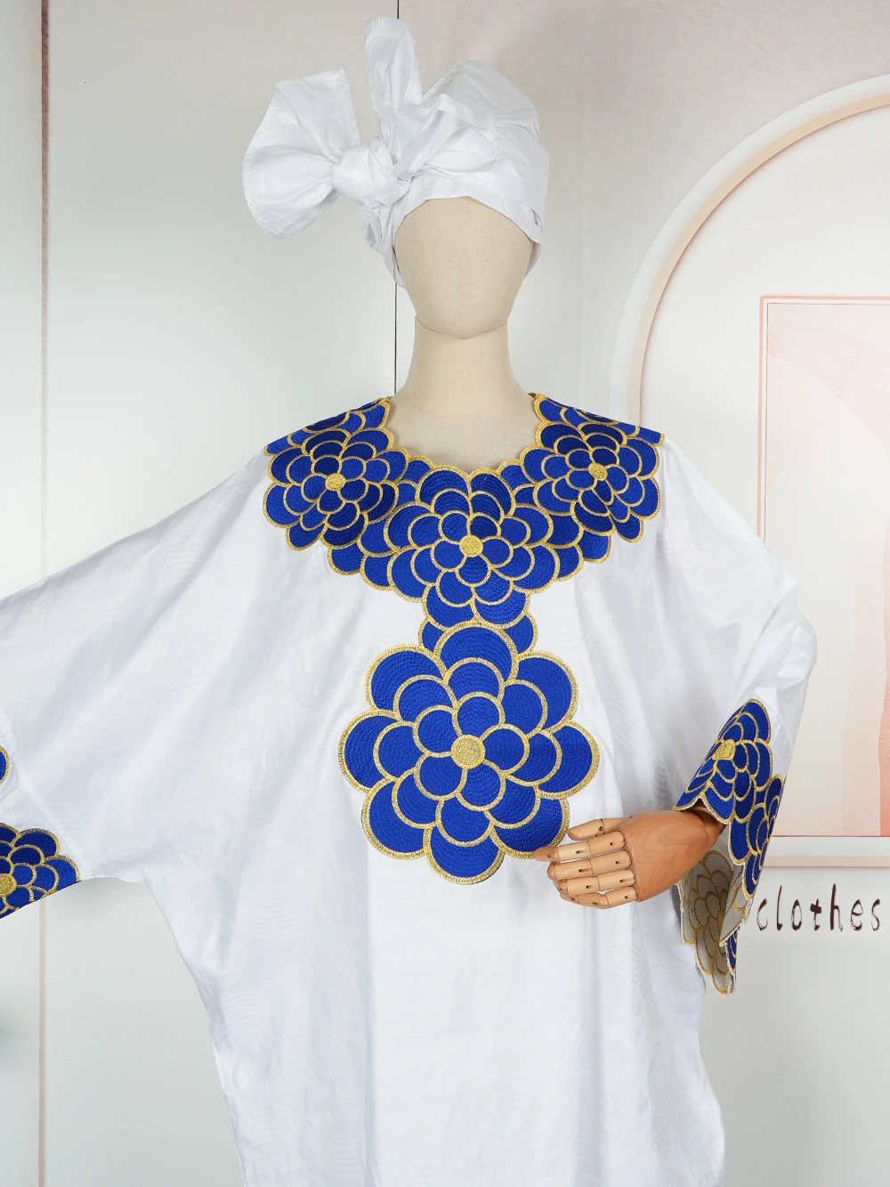 African Dashiki Embroidered Bazin Gown – White Ankara Wedding Dress - Image 3