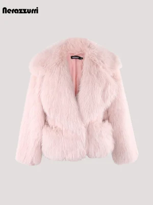 Women’s Short Pink Faux Fur Coat with Big Collar – Nerazzurri