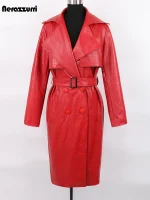 Nerazzurri Red Crocodile-Print Long Leather Trench Coat for Women