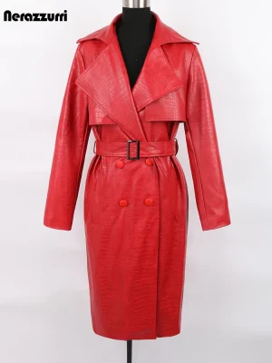Nerazzurri Red Crocodile-Print Long Leather Trench Coat for Women