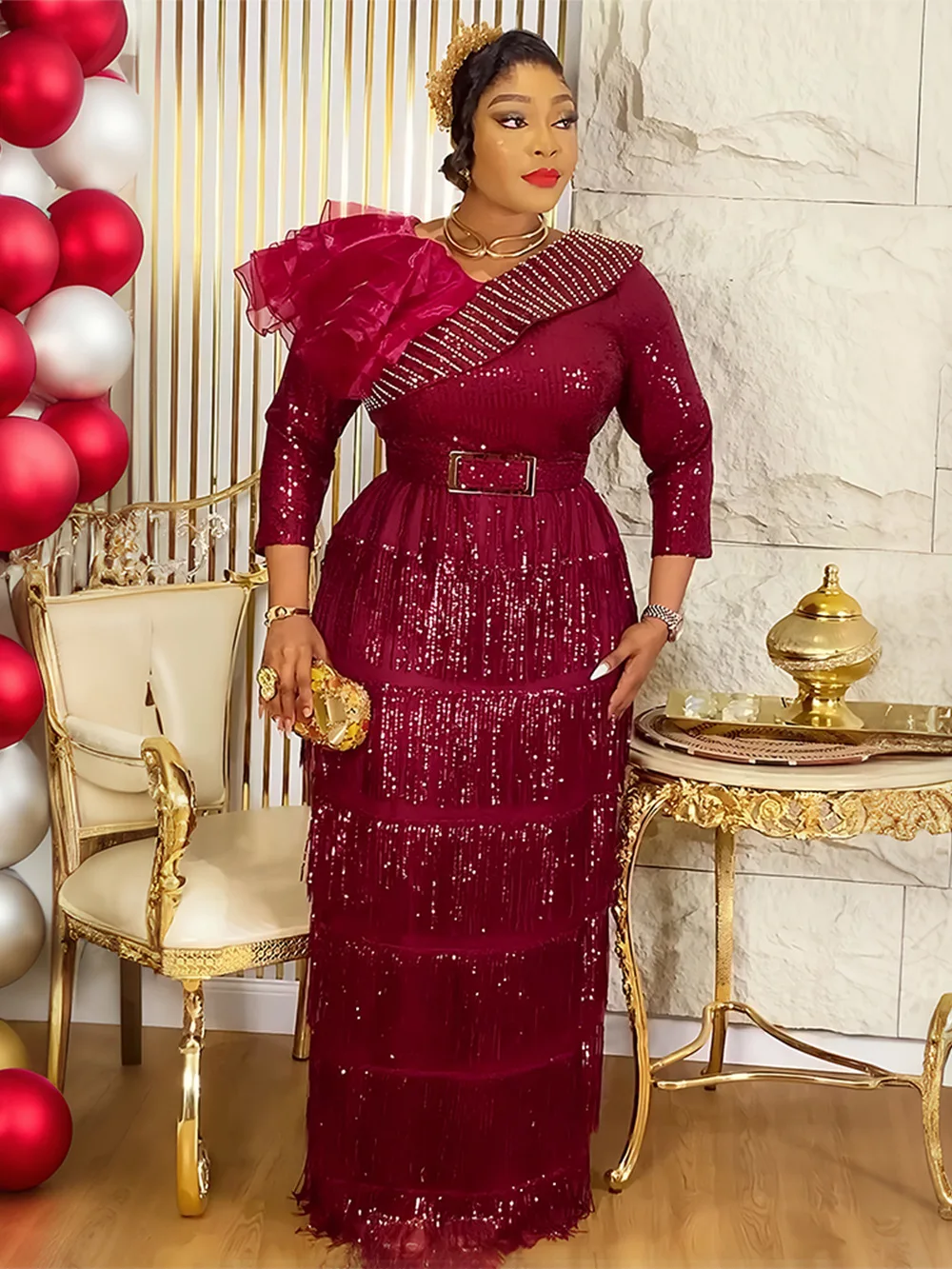 Luxury Sequin Tassel Long Dress – Elegant African Dashiki Gown for Wedding & Party - Image 3