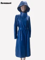 Women’s Blue Crocodile-Print PU Trench Coat with Hood – Nerazzurri