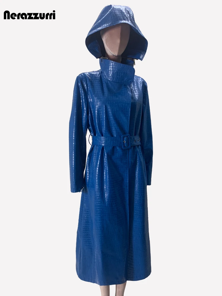 Women’s Blue Crocodile-Print PU Trench Coat with Hood – Nerazzurri