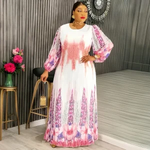 Long Sleeve Chiffon Dress – African Dashiki Print Kaftan for Party & Evening