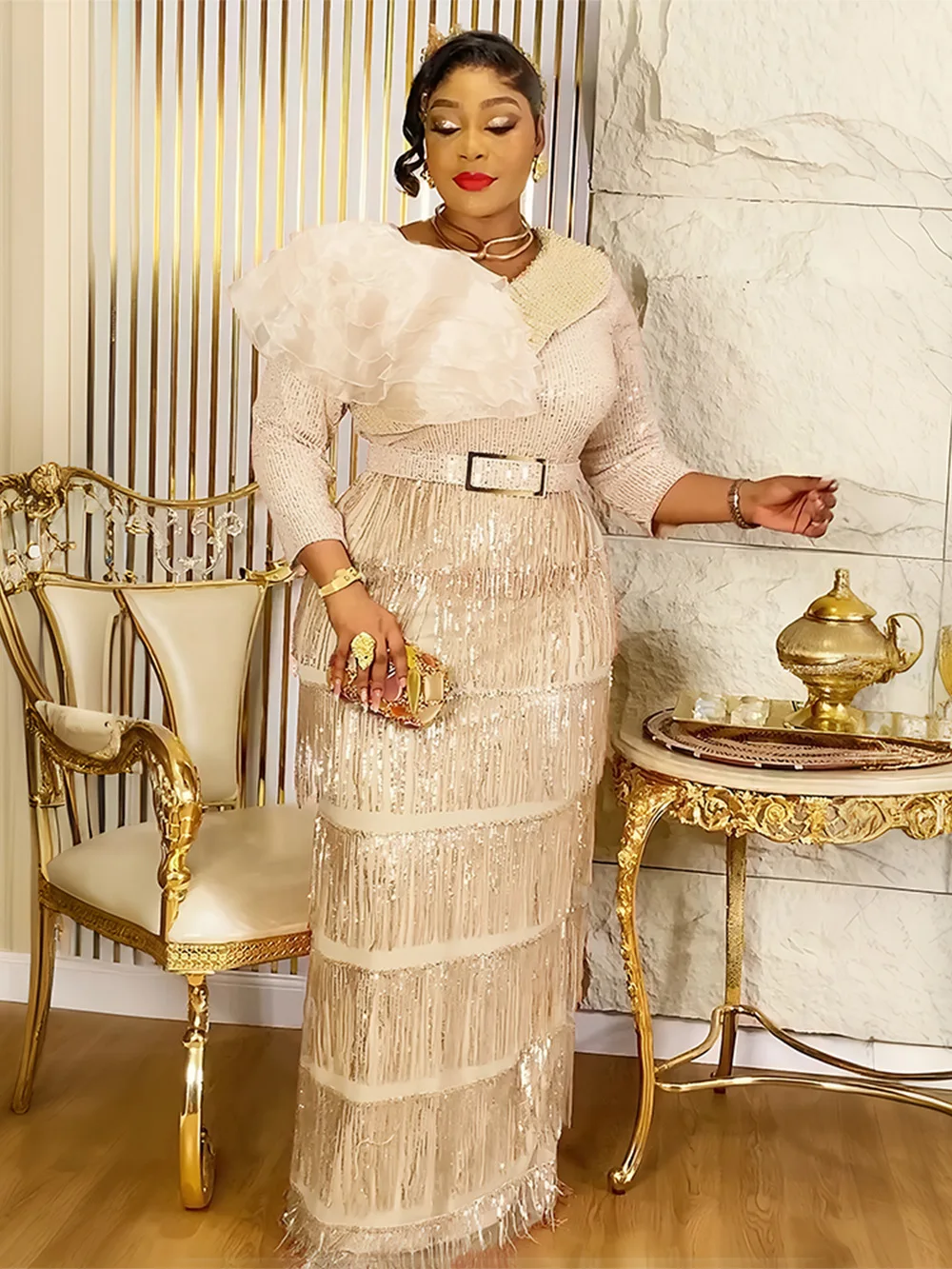 Luxury Sequin Tassel Long Dress – Elegant African Dashiki Gown for Wedding & Party - Image 4