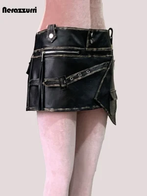 Distressed Black Faux Leather Mini Skirt – Asymmetrical High‑Waist Luxury