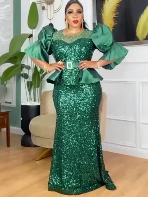 Elegant Plus Size African Sequin Evening Gown – Luxury Wedding Party Dress 2025