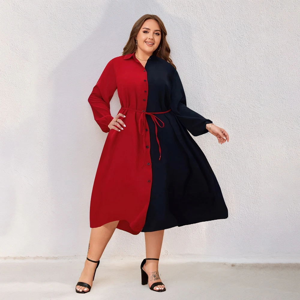 Plus Size Colorblock Shirt Dress with Belt (1XL–6XL) - Image 3