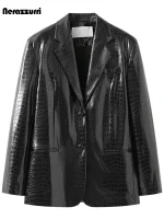 Nerazzurri Black Reflective Crocodile Print Leather Blazer (Women)