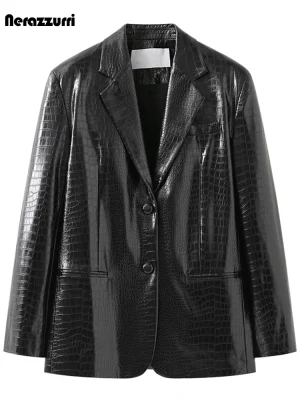 Nerazzurri Black Reflective Crocodile Print Leather Blazer (Women)