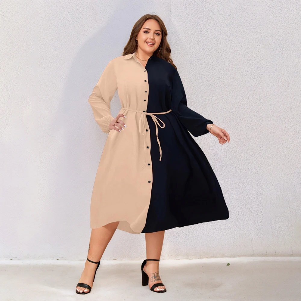 Plus Size Colorblock Shirt Dress with Belt (1XL–6XL) - Image 5