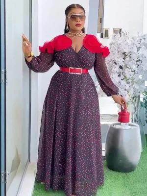 2025 African Dashiki Polka Dot Chiffon Maxi Dress – Long Sleeve
