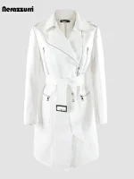 Nerazzurri Women’s Long White PU Leather Biker Jacket with Belt