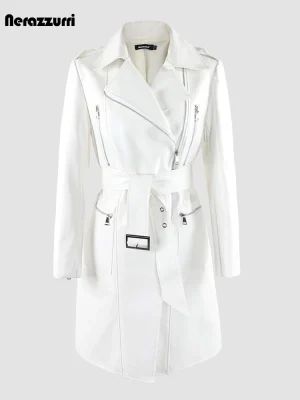 Nerazzurri Women’s Long White PU Leather Biker Jacket with Belt