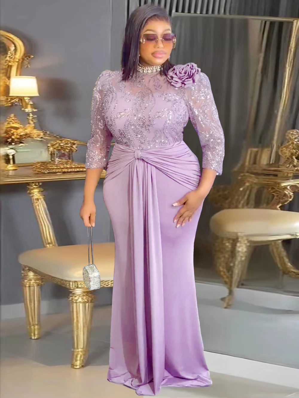 Elegant Sequin Pleated Mermaid Gown – Luxury Party & Wedding Dress for Women