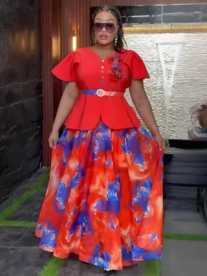Elegant African Print Summer Dress – 2025 Plus Size Short Sleeve Robe