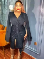 Plus Size 4XL African Sequin Midi Dress – Cape Sleeve V-Neck Evening Gown