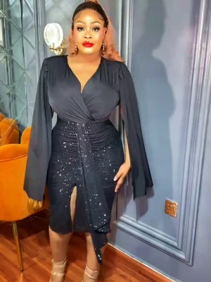 Plus Size 4XL African Sequin Midi Dress – Cape Sleeve V-Neck Evening Gown