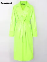 Women’s Oversized Green & Pink Patent Leather Trench Coat – Nerazzurri