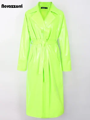 Women’s Oversized Green & Pink Patent Leather Trench Coat – Nerazzurri