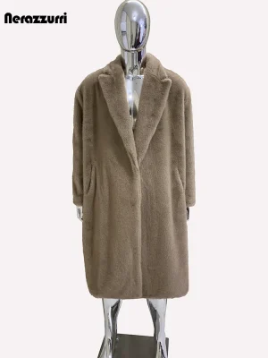Nerazzurri Men’s Long Oversized Faux Fur Coat – Thick & Warm, Casual Korean Fashion
