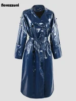 Long Blue Reflective Patent Faux‑Leather Trench Coat – Belted Luxury for Women