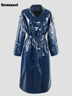 Long Blue Reflective Patent Faux‑Leather Trench Coat – Belted Luxury for Women