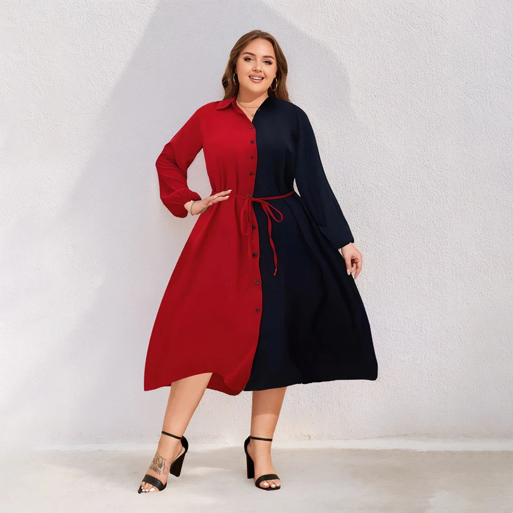 Plus Size Colorblock Shirt Dress with Belt (1XL–6XL) - Image 2