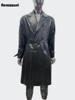 Nerazzurri Waterproof Black PU Leather Trench Coat for Men – Belted, Double‑Breasted (2024)