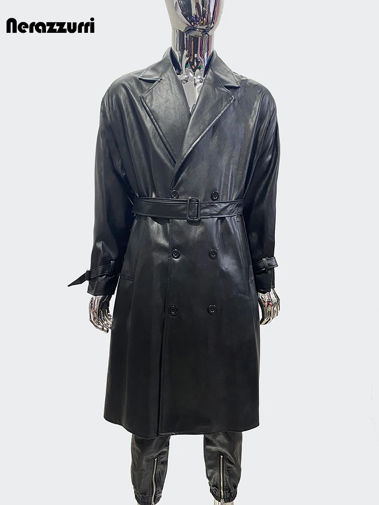 Nerazzurri Waterproof Black PU Leather Trench Coat for Men – Belted, Double‑Breasted (2024)