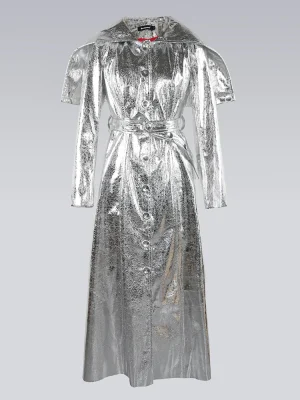 Women's Shiny Patent Faux Leather Maxi Coat – Silver/Gold, Hooded & Elegant
