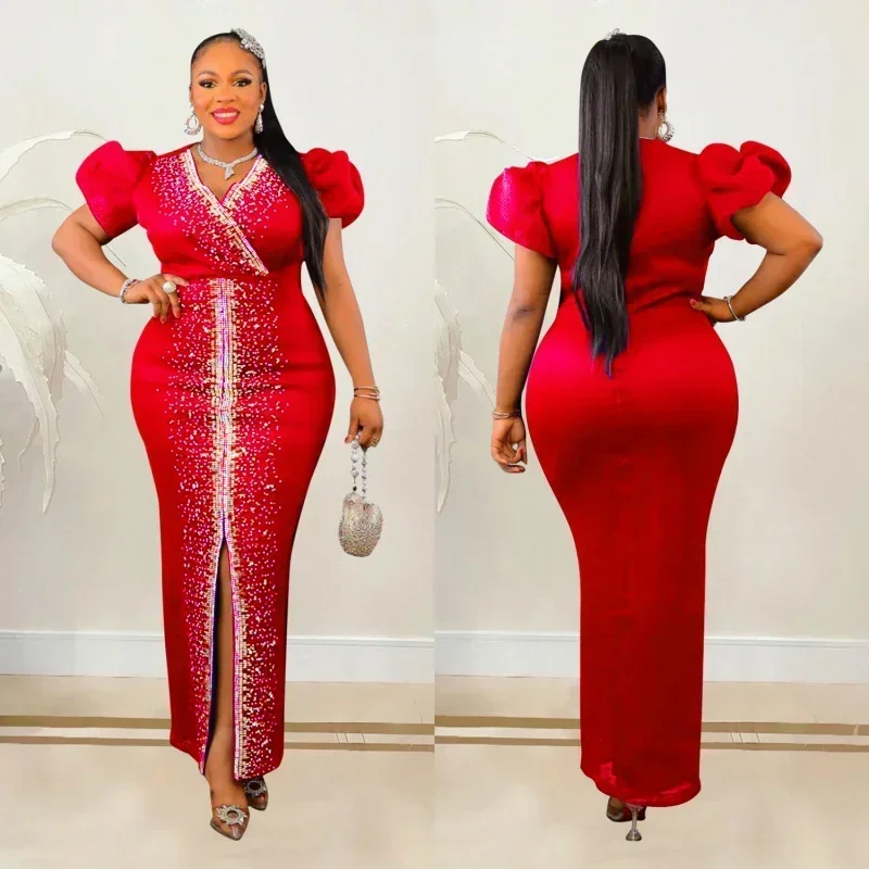 African Fashion Bubble Sleeve Diamond Evening Dress - Image 5