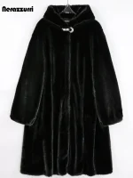 Nerazzurri Winter Long Black Faux Mink Fur Coat – Women’s Thick Warm Hooded Jacket (6XL-7XL)