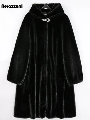 Nerazzurri Winter Long Black Faux Mink Fur Coat – Women’s Thick Warm Hooded Jacket (6XL-7XL)