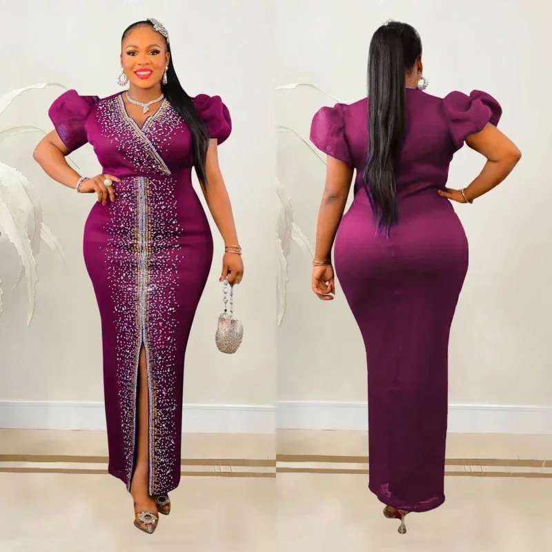 African Fashion Bubble Sleeve Diamond Evening Dress - Image 3