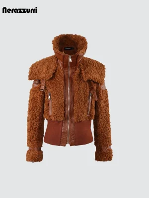 Chic Patchwork PU Leather & Faux Fur Coat – Zip‑Up Luxury Jacket for Women