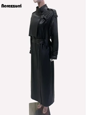Nerazzurri Black Long PU Leather Trench Coat – Women’s Luxury Runway Coat 2024