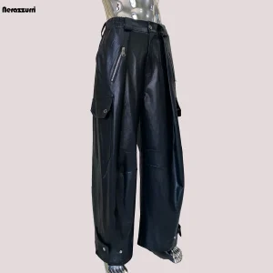 Baggy Black Faux Leather Cargo Pants – Men’s Wide-Leg Luxury Streetwear